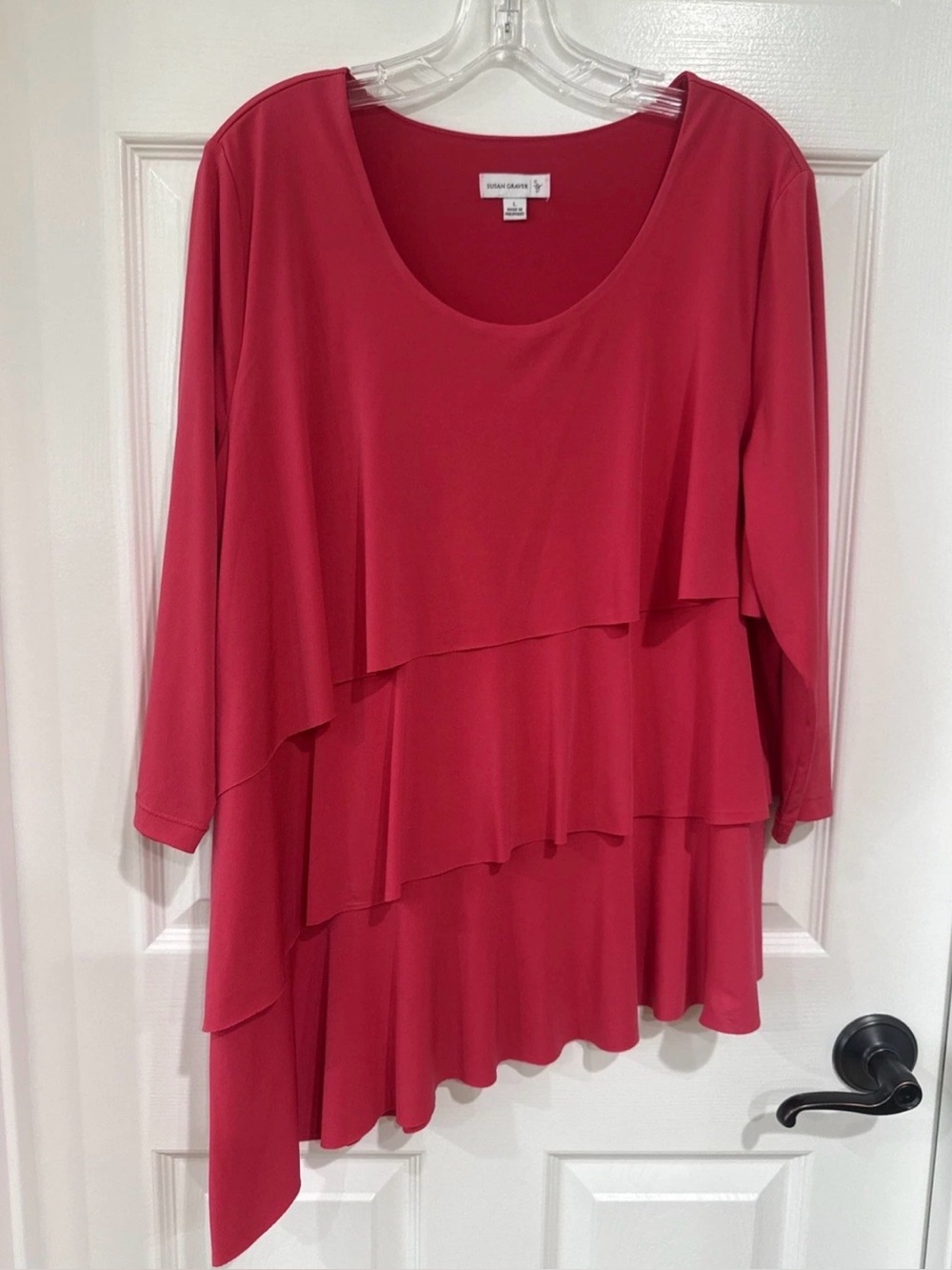 Susan Graver Women's L 3/4 Sleeve Tiered Liquid Knit Asymmetrical Top Pink Artsy